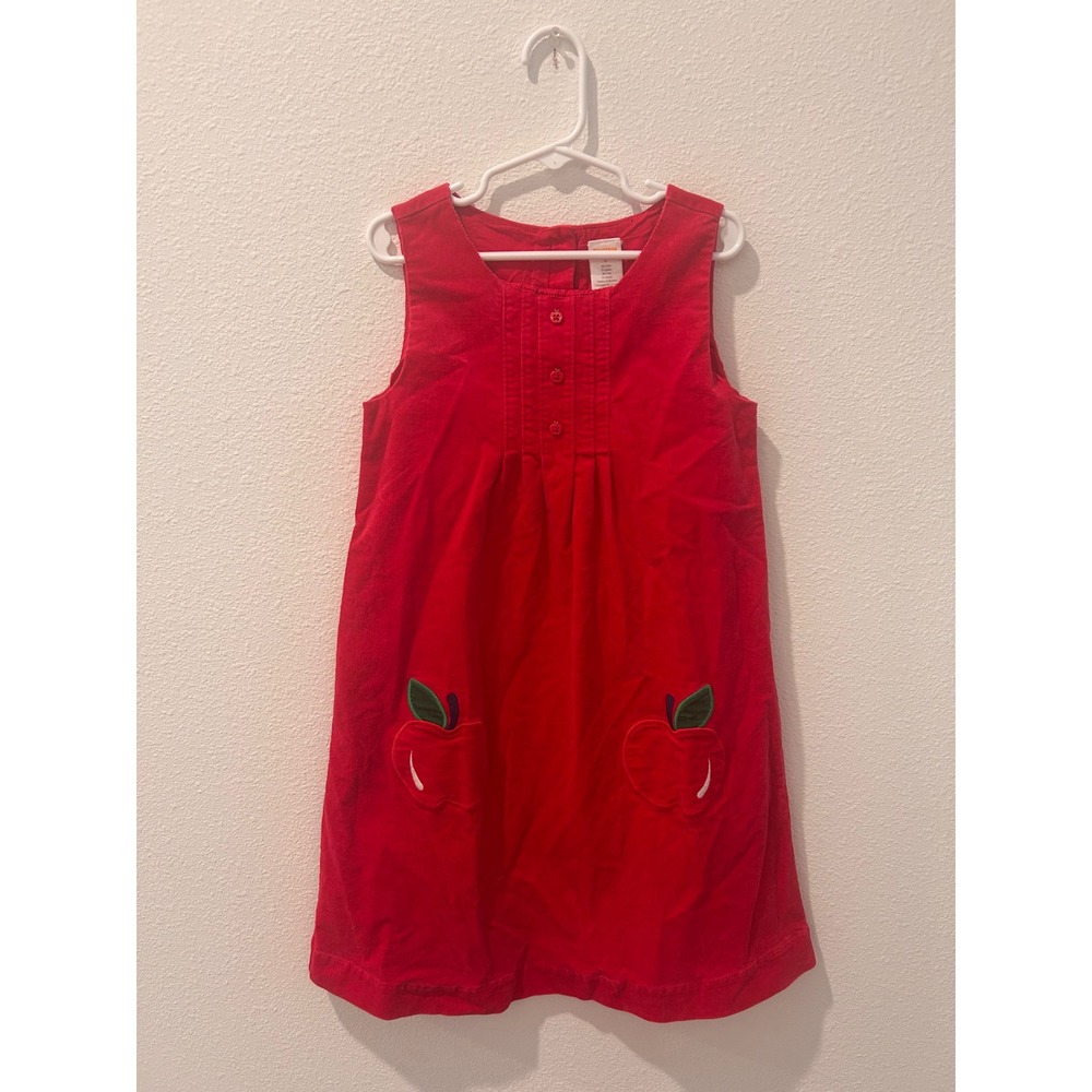 Gymboree Girls Red Corduroy Apple Pocket Jumper Dress Size 8 Pintuck Sleeveless